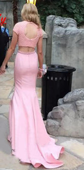 Satin Mermaid Two Piece Sweep Train Backless Prom Dress with Beading